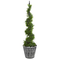 53" Cypress Artificial Spiral Topiary Tree in Black Embossed Tin Planter