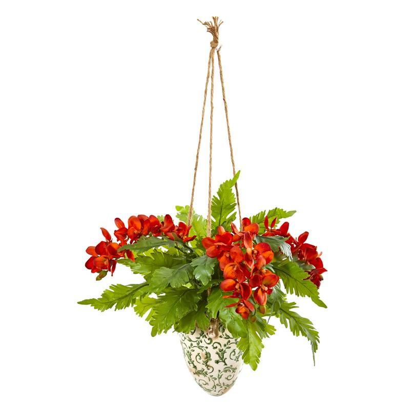 26"  Phalaenopsis Orchid and Fern Artificial Plant in Hanging Vase