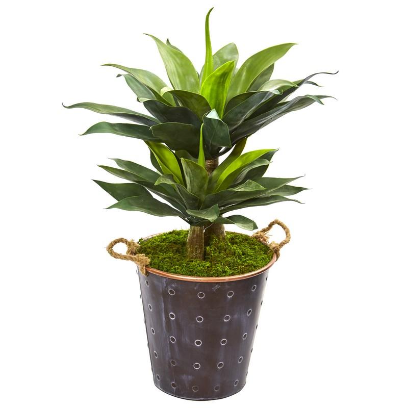 34"  Double Agave Succulent Artificial Plant in Metal Planter