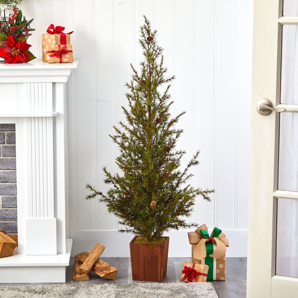 4' Alpine 'Natural Look' Artificial Christmas Tree in Wood Planter w/ Pine Cones