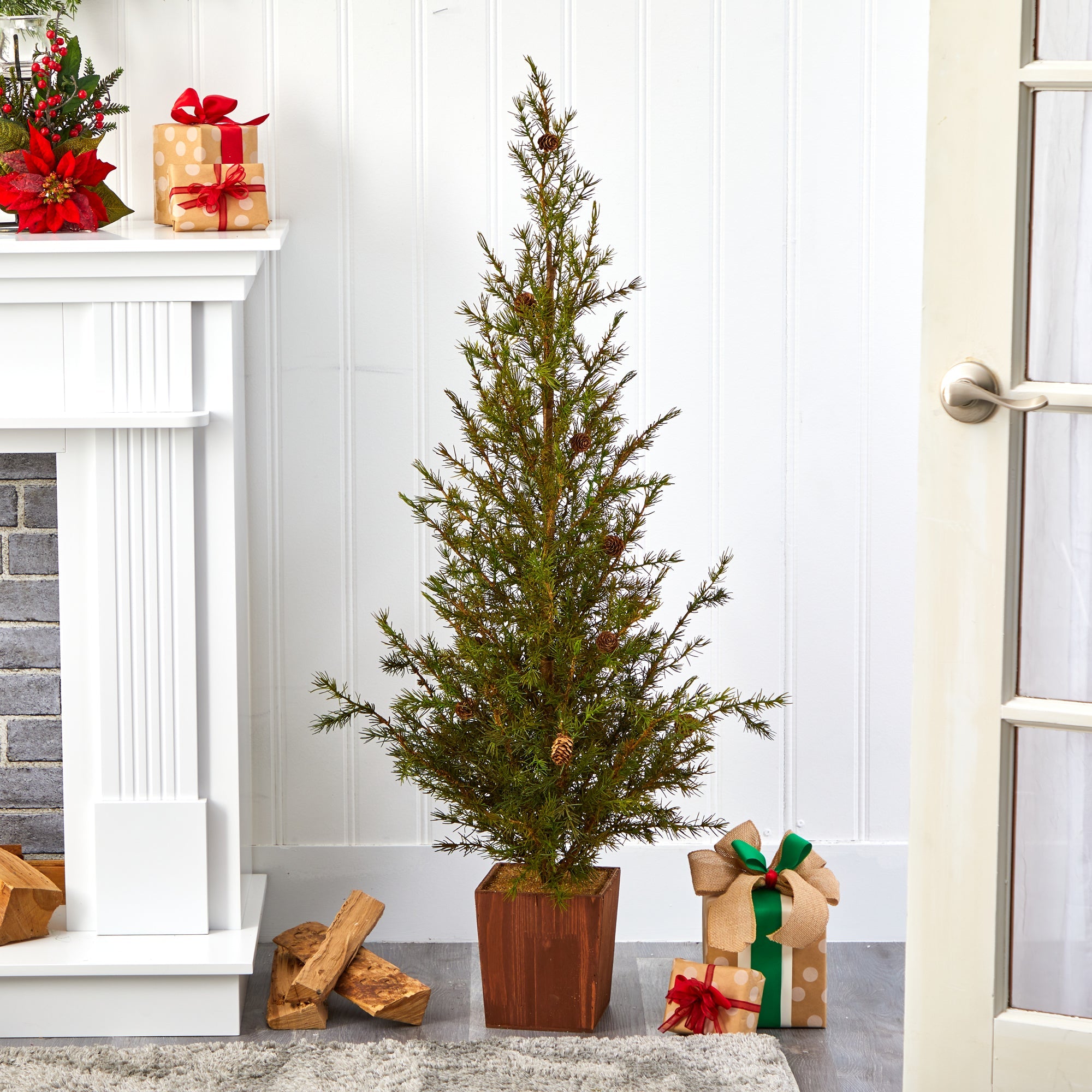 4' Alpine 'Natural Look' Artificial Christmas Tree in Wood Planter w/ Pine Cones