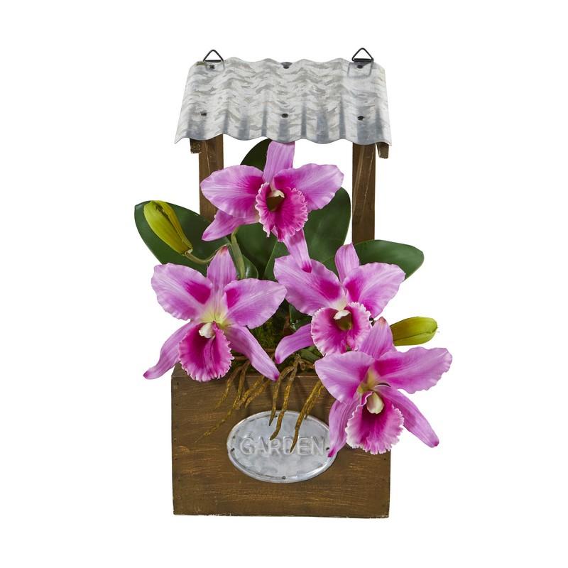 14"  Cattleya Orchid Artificial Arrangement in Tin Roof Planter