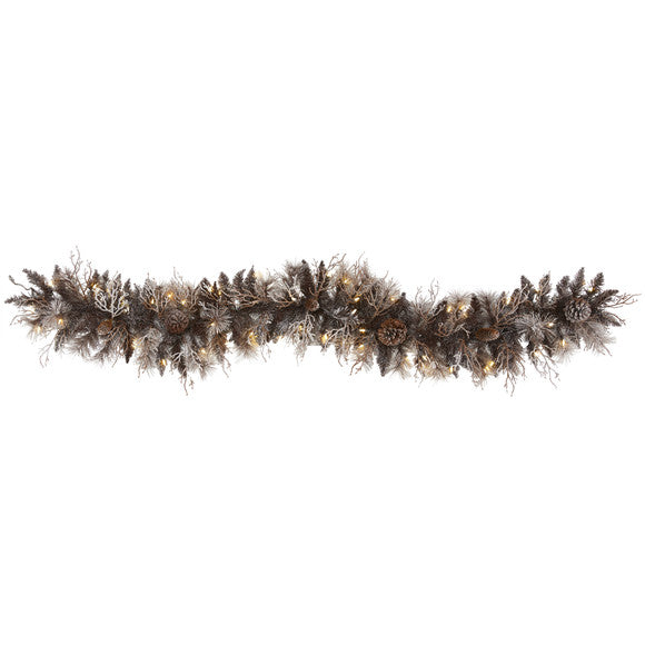 6' Flocked Artificial Christmas Garland with 50 White Warm LED and Pine Cones