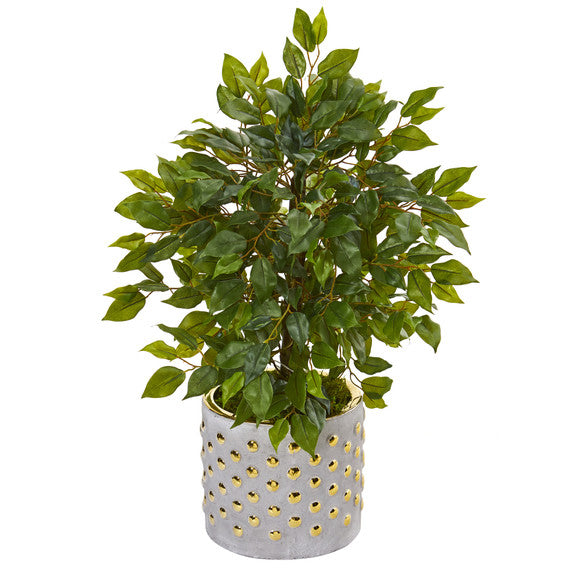 17" Mini Ficus Artificial Tree in Stoneware Vase with Gold Trimming
