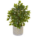 17" Mini Ficus Artificial Tree in Stoneware Vase with Gold Trimming