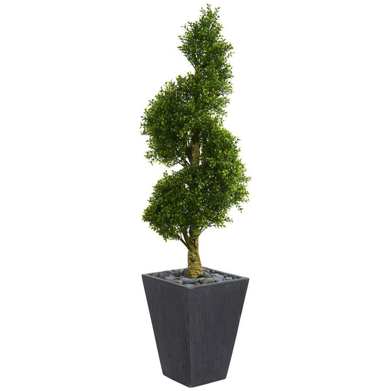 5' Boxwood Spiral Topiary Artificial Tree in Slate Planter UV Resistant