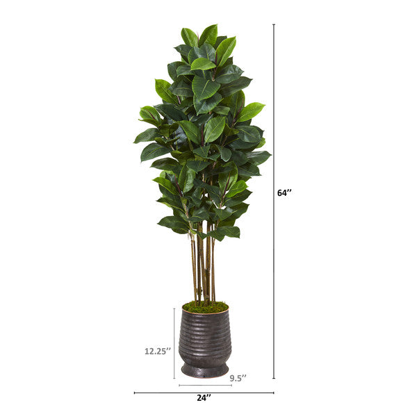 64" Rubber Leaf Artificial Tree in Ribbed Metal Planter