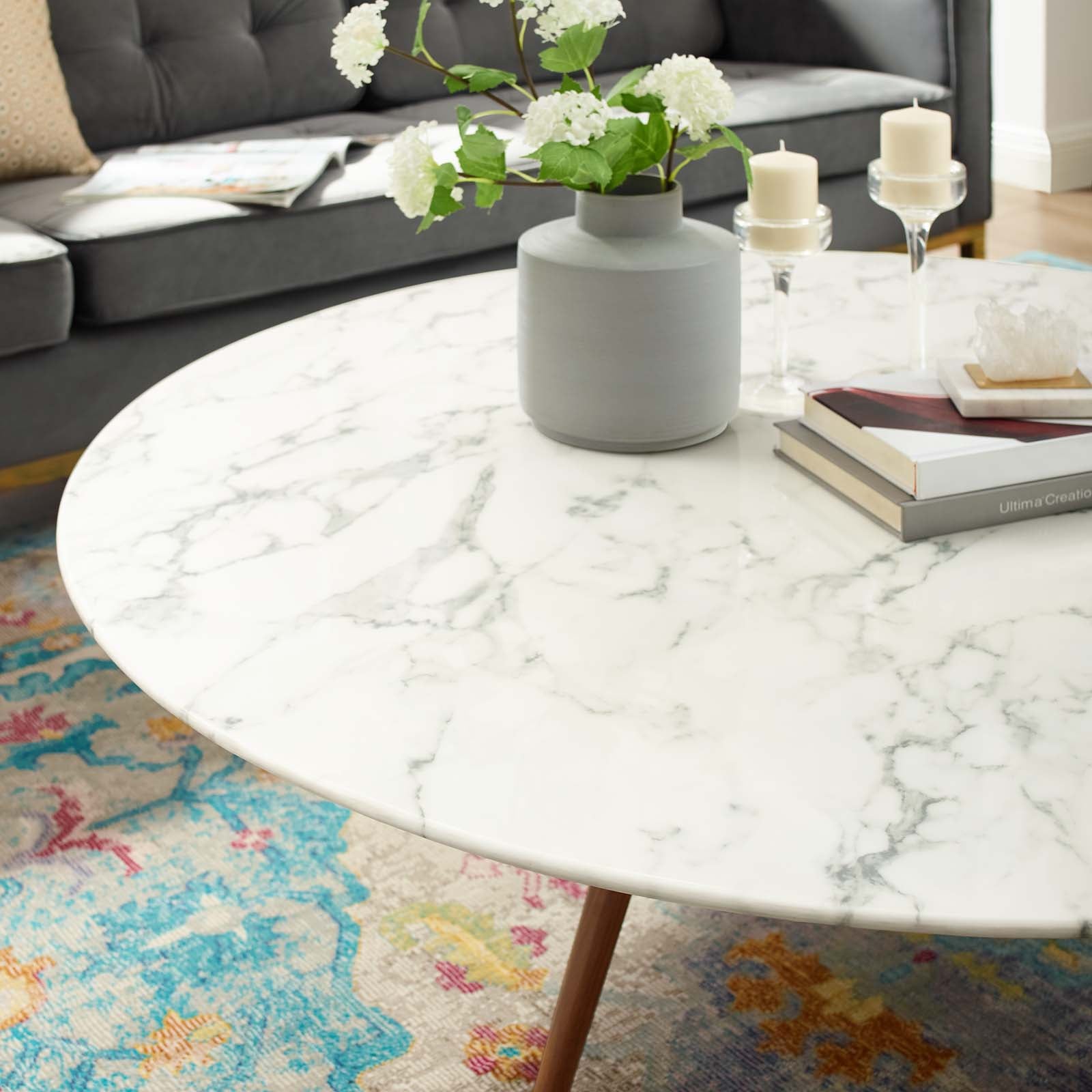 Lippa 48" Round Faux Marble Coffee Table with Tripod Base by Modway