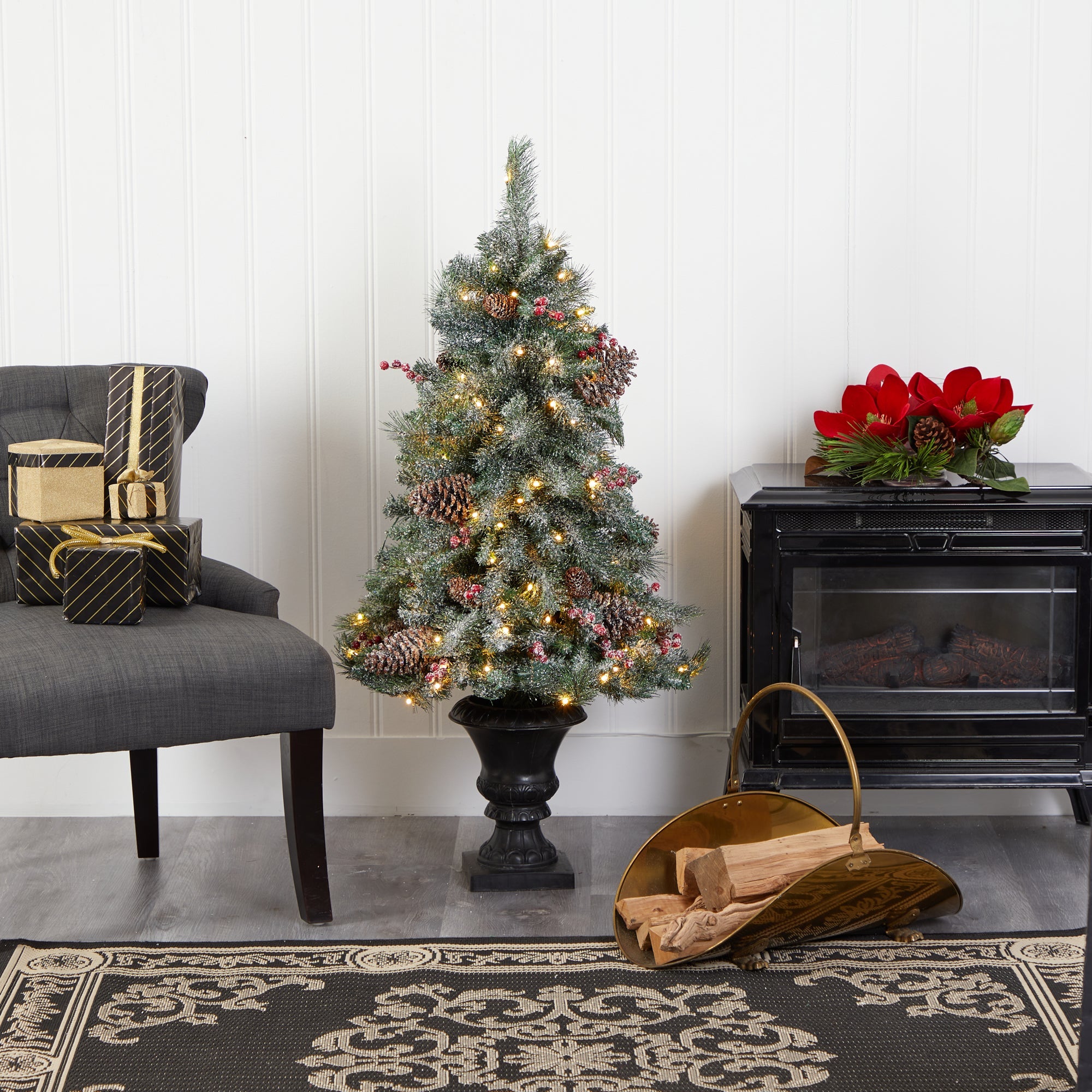 4' Frosted Pine, Pinecone & Berries Artificial Christmas Tree w/ 100 Clear LED