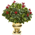 16"  Holly Leaf Artificial Plant in Gold Urn (Real Touch)