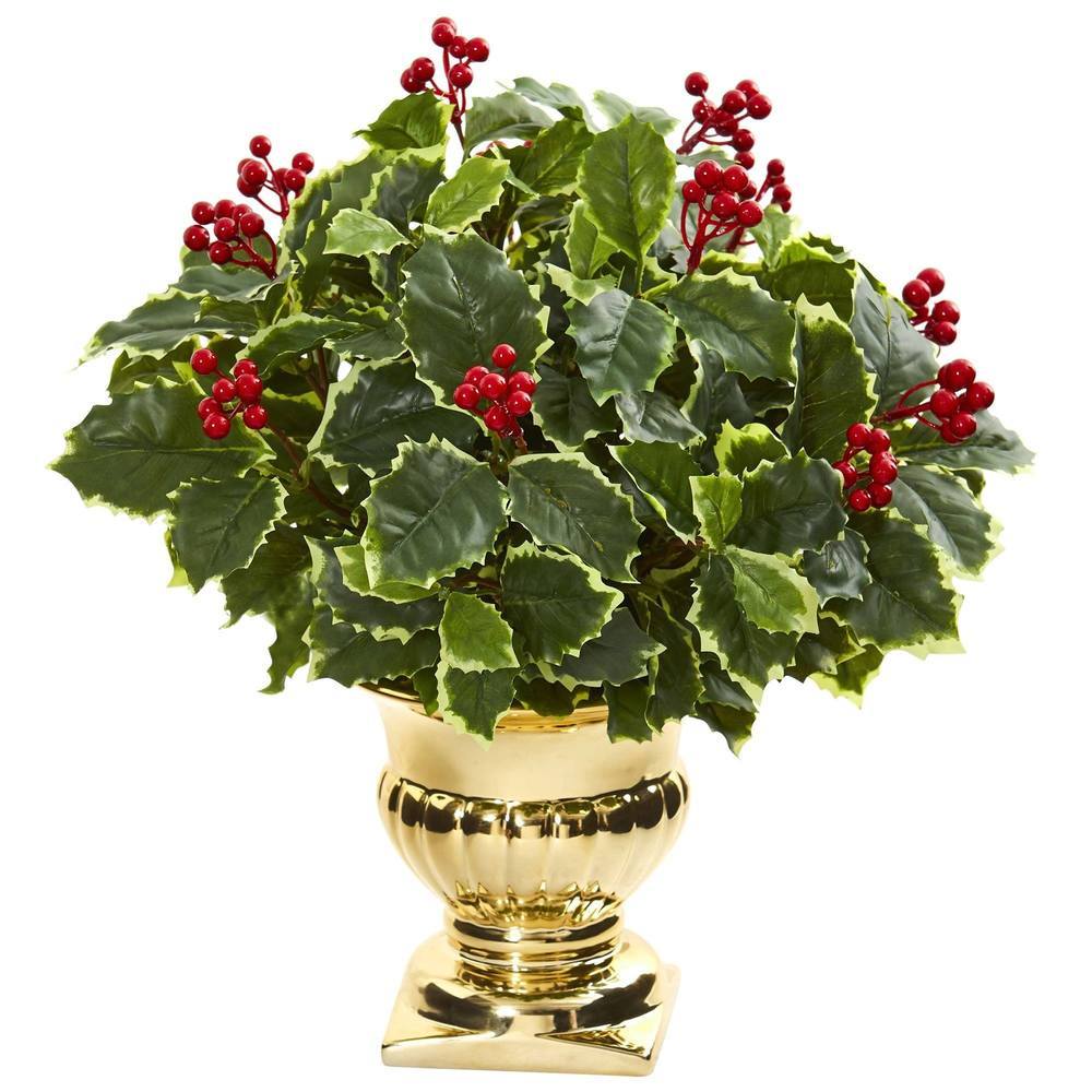 16"  Holly Leaf Artificial Plant in Gold Urn (Real Touch)