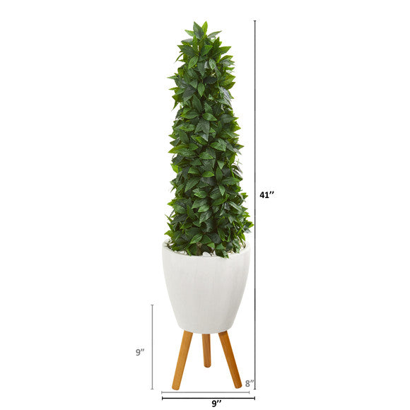 4' Sweet Bay Cone Topiary Artificial Tree in White Planter with Stand