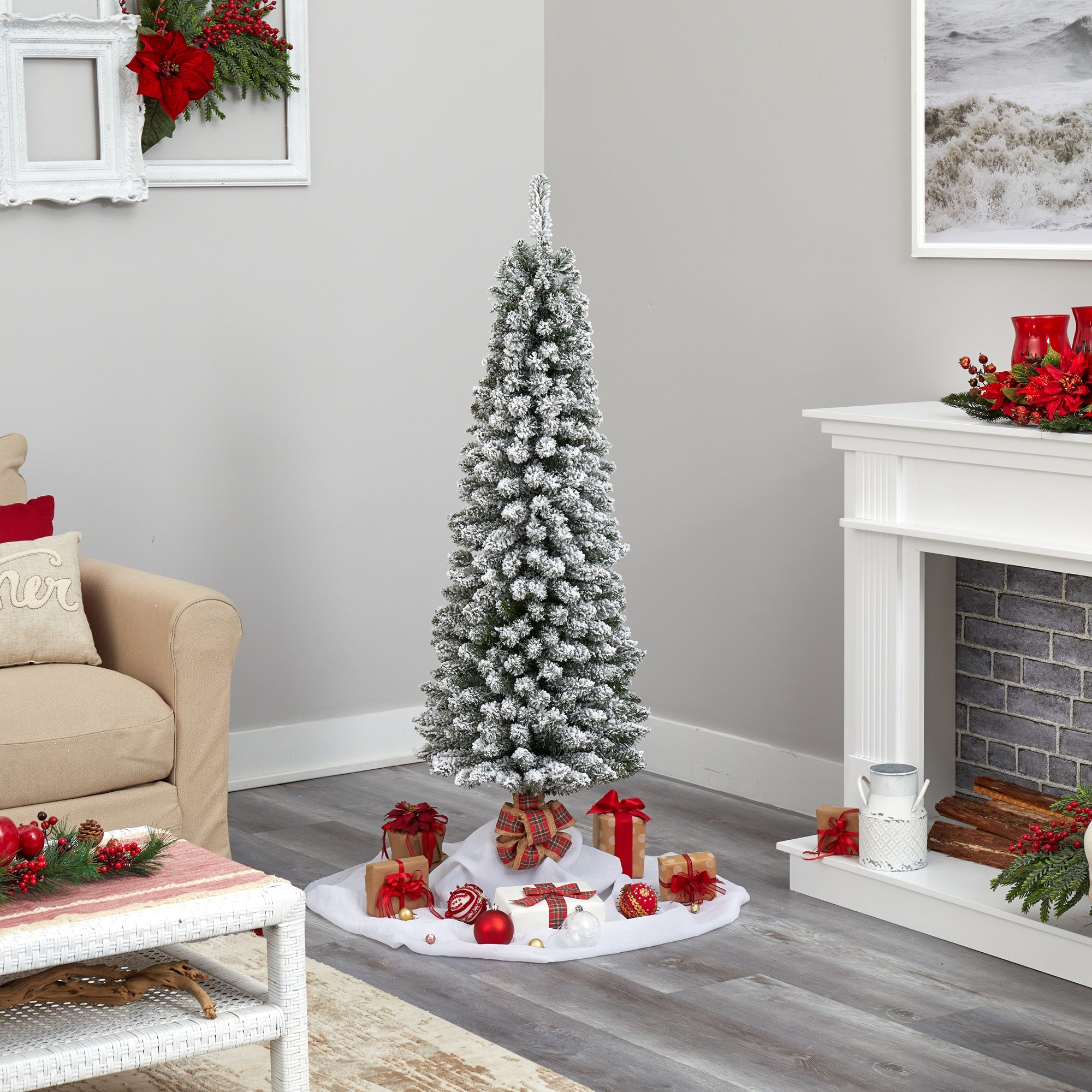 5' Flocked Pencil Artificial Christmas Tree w/ 200 Clear Lights & 318 Bendable