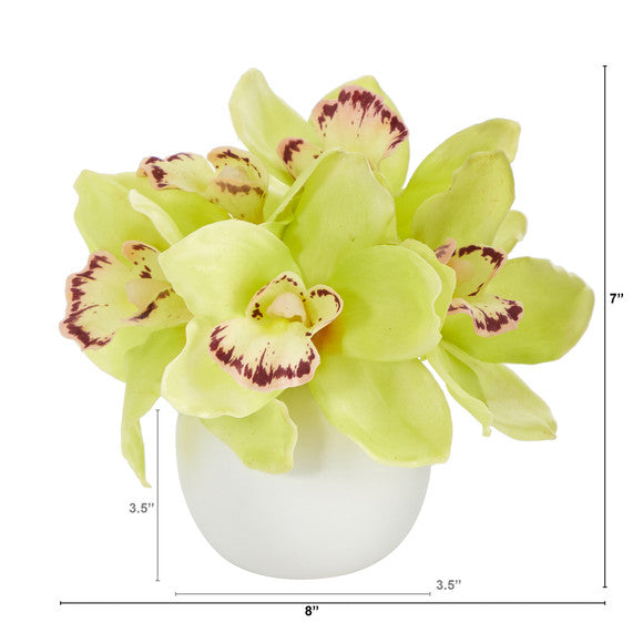 8" Cymbidium Orchid Artificial Arrangement in White Vase