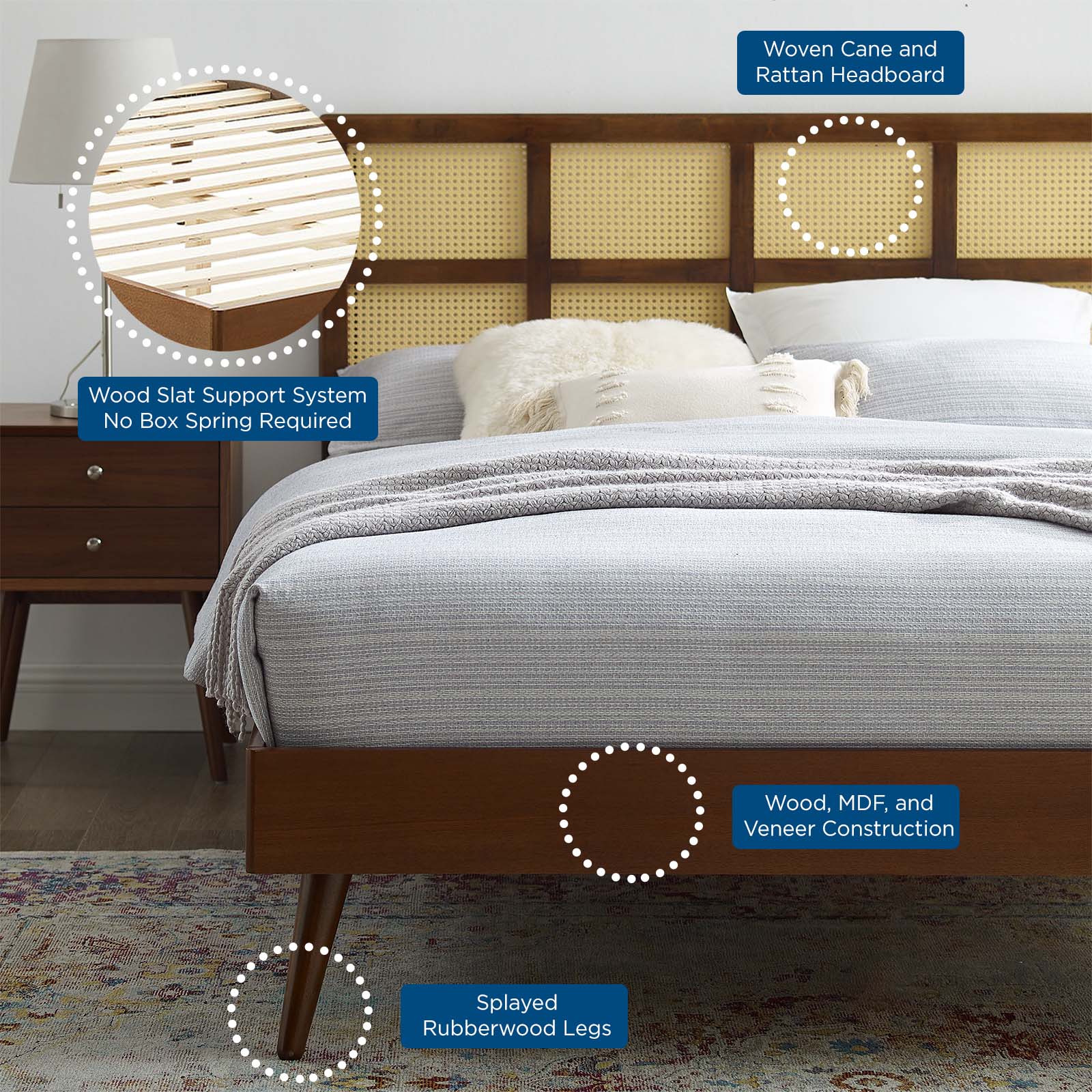 Sidney Cane and Wood Queen Platform Bed With Splayed Legs by Modway