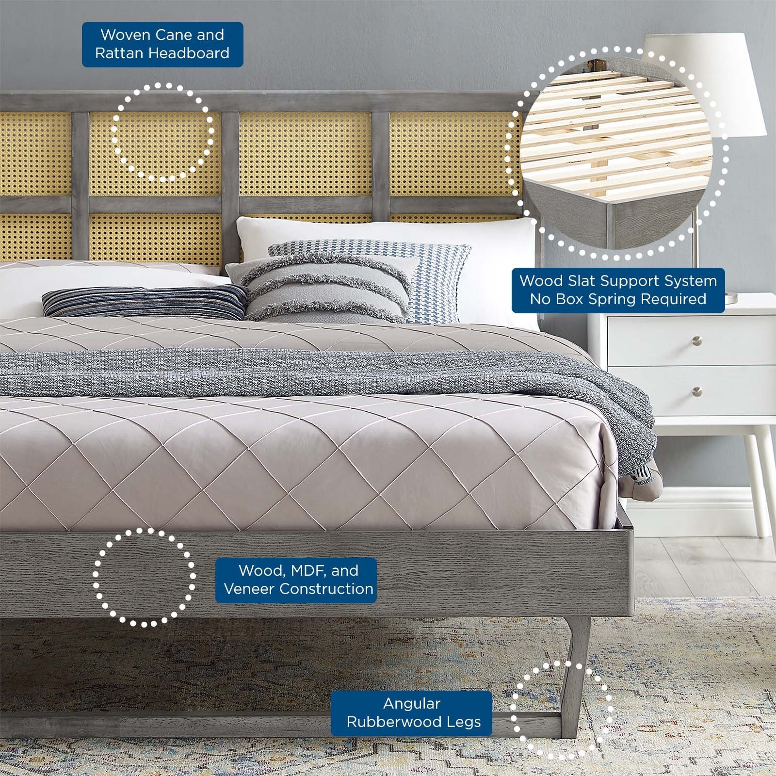 Sidney Cane and Wood Full Platform Bed With Angular Legs by Modway