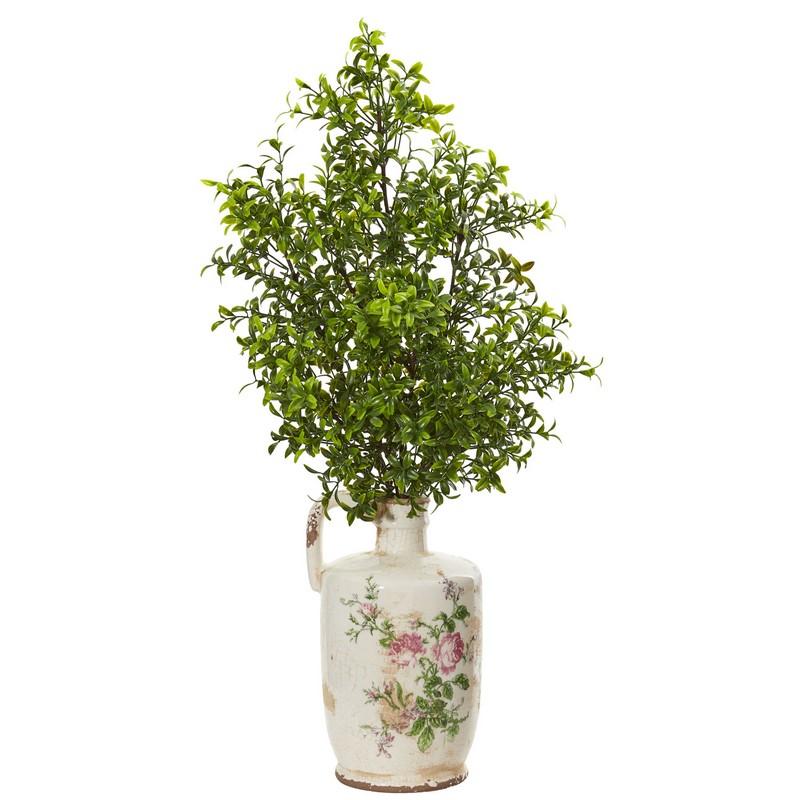 26" Boxwood Artificial Plant In Floral Print Vase 8588 By Nearly Natural