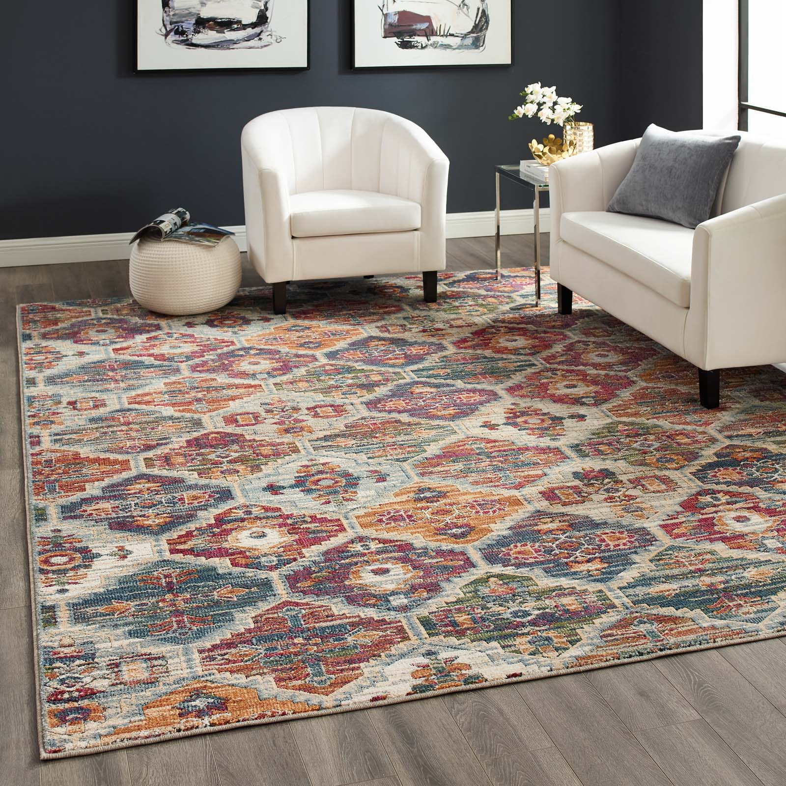 Tribute Azalea Distressed Vintage Floral Lattice 8x10 Area Rug by Modway