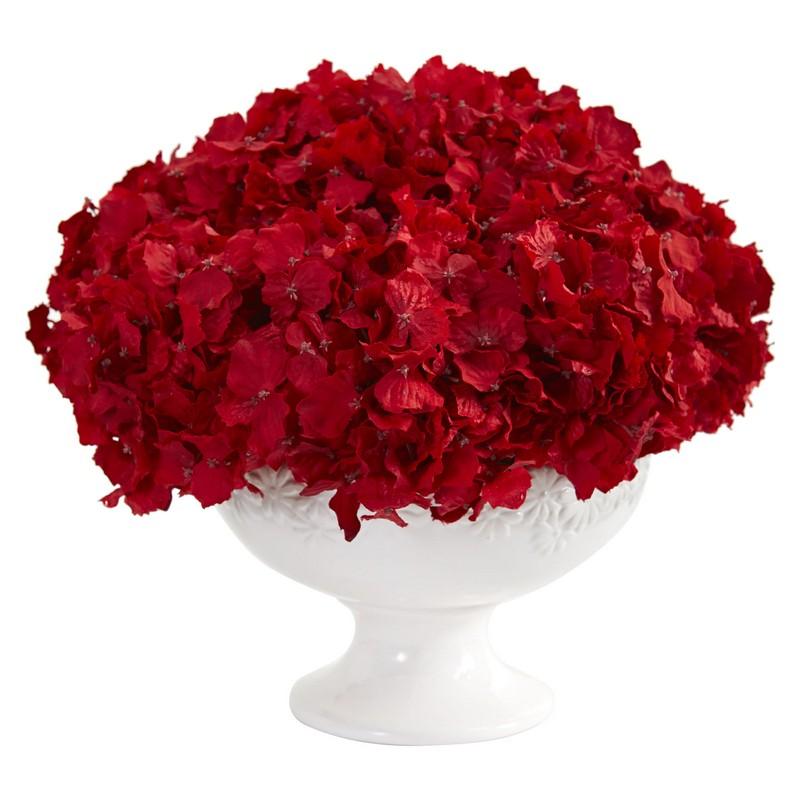 12"  Red Hydrangea Artificial Arrangement in Pedestal Vase