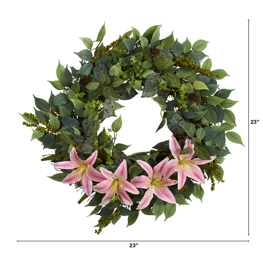 23" Mixed Ruscus, Lily, Fittonia and Berries Artificial Wreath
