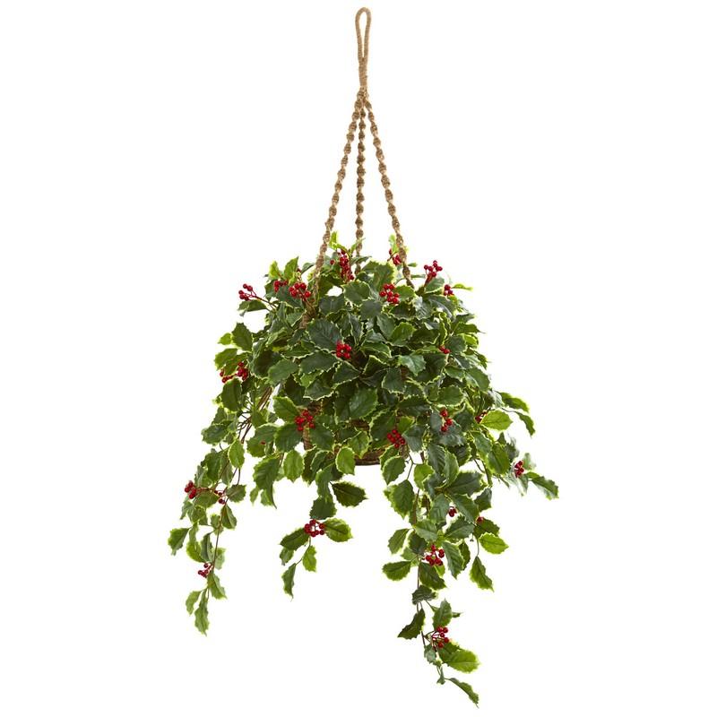 40"  Variegated Holly with Berries Artificial Plant in Hanging Basket