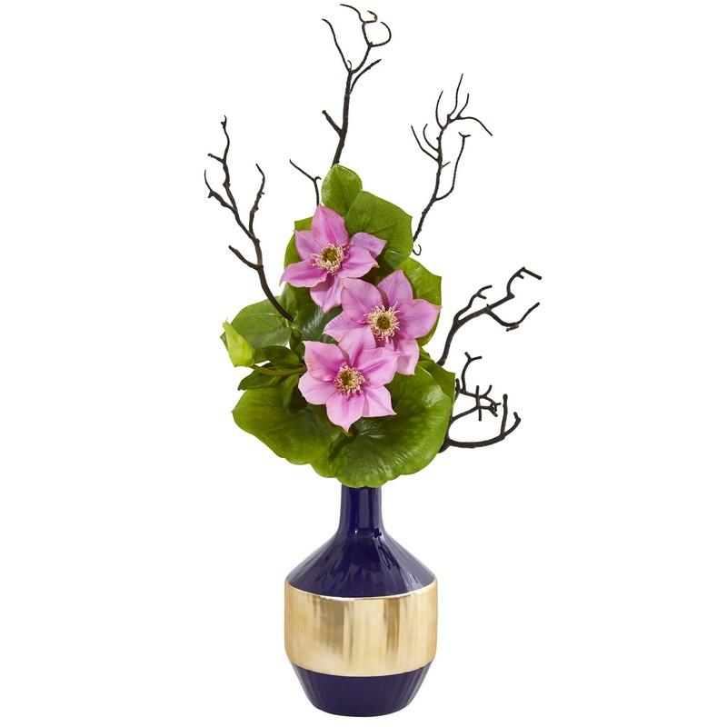 22"  Anemone and Lotus Leaf Artificial Arrangement in Vase