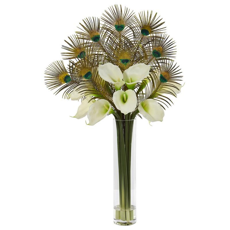 36"  Peacock and Calla Lily Artificial Arrangement in Cylinder Glass
