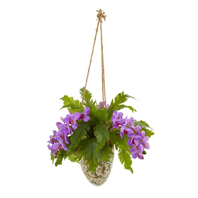 26"  Phalaenopsis Orchid and Fern Artificial Plant in Hanging Vase