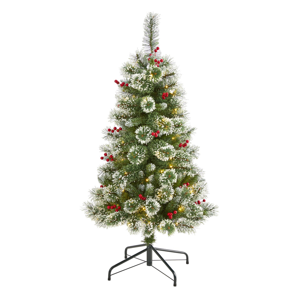 4' Frosted Swiss Pine Artificial Christmas Tree w/ 100 Clear LED Lights & Berrie