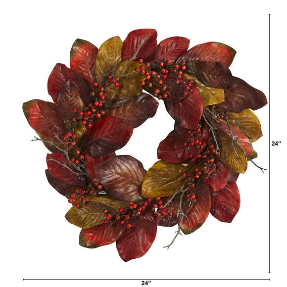 24" Harvest Magnolia Leaf and Berries Artificial Wreath