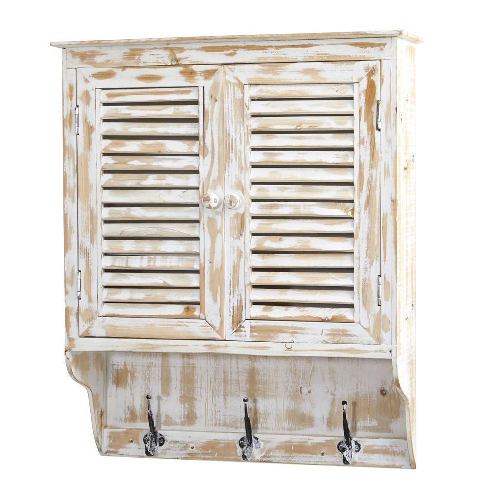 32"  White Washed Wall Cabinet with Hooks