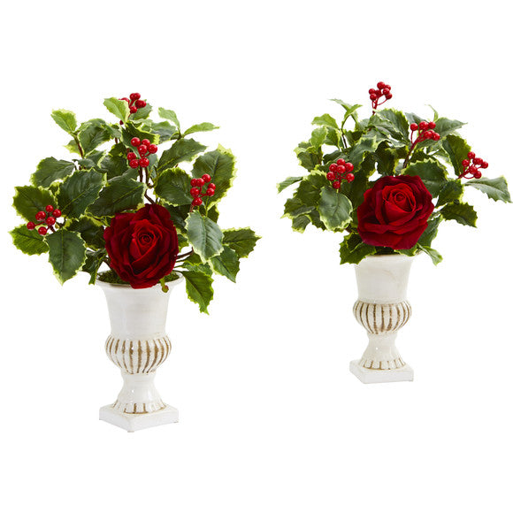 15" Rose and Holly Leaf Artificial Arrangement in White Urn (Set of 2)