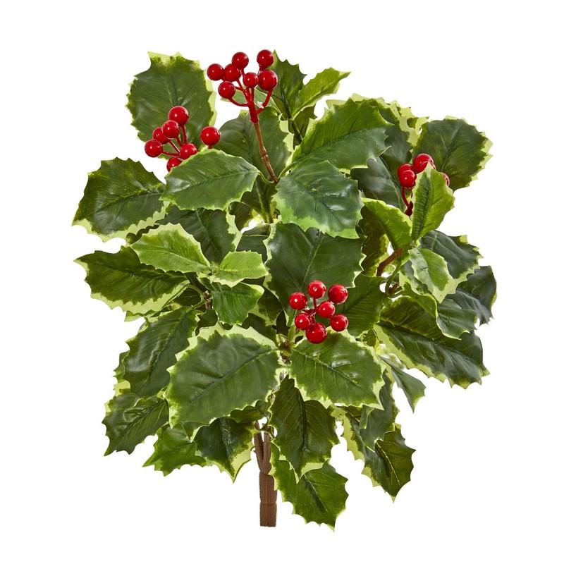 14"  Variegated Holly Leaf Bush Artificial Plant (Set of 12) (Real Touch)