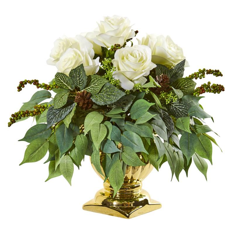 14"  Rose Artificial Arrangement in Gold Urn