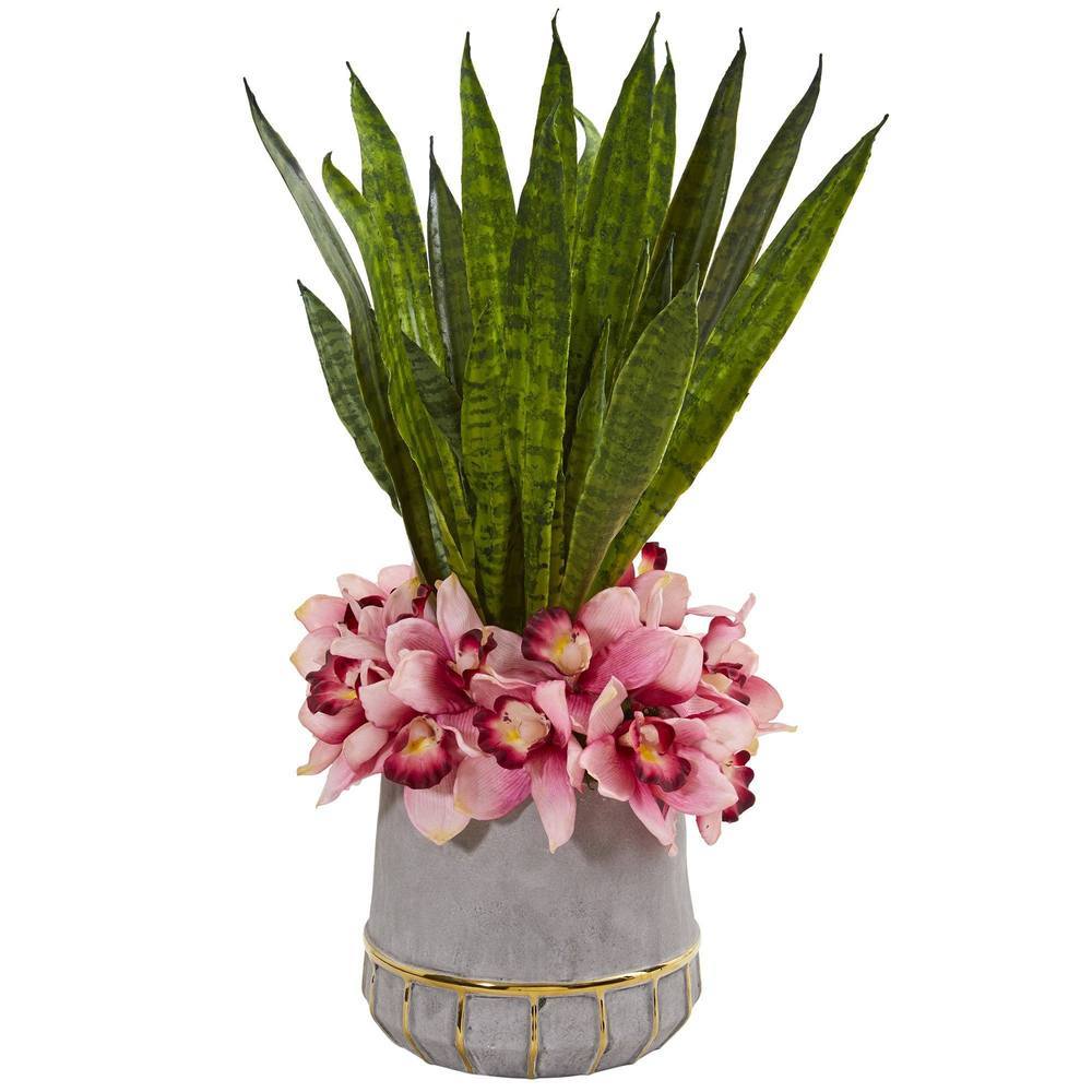 25"  Cymbidium Orchid and Sansevieria Artificial Arrangement in Vase