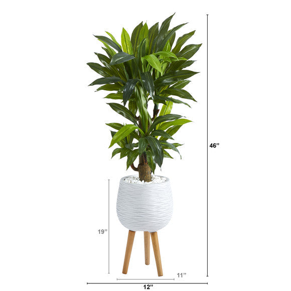 46" Corn Stalk Dracaena Artificial Plant in White Planter with Stand