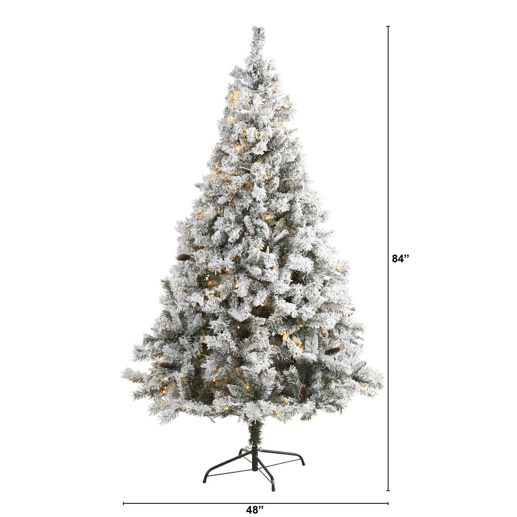 7' Flocked White River Mountain Pine Artificial Christmas Tree w/ Pinecones
