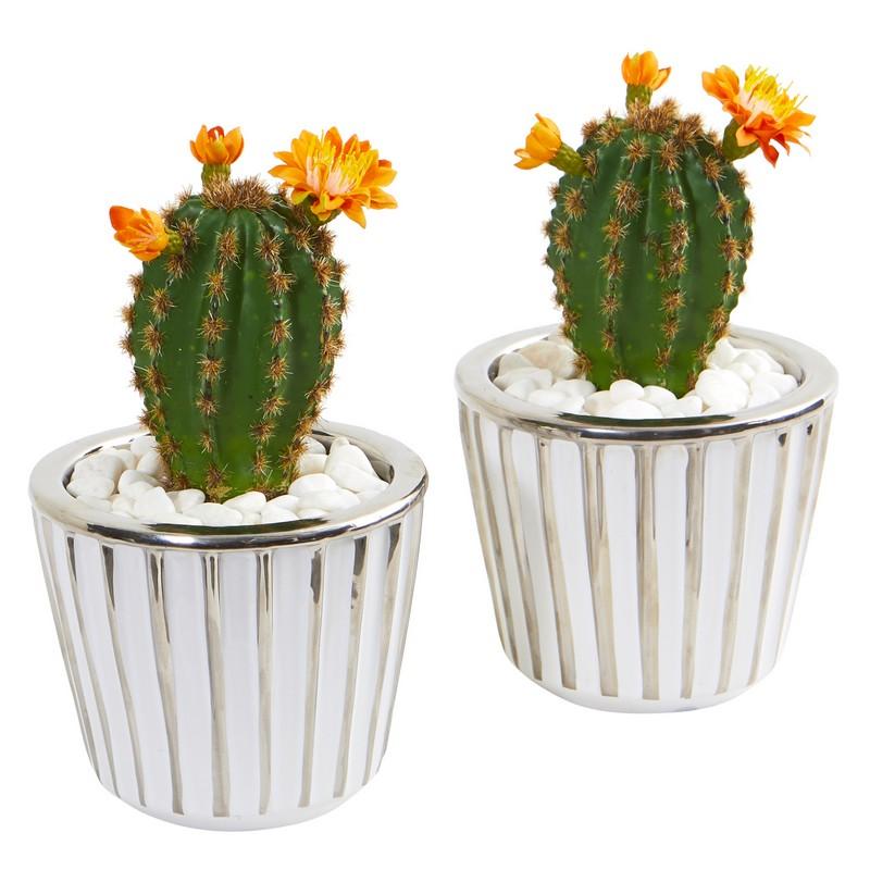 8"  Flowering Cactus Artificial Plant in Decorative Planter (Set of 2)
