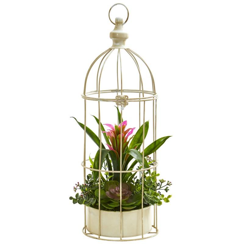 19"  Bromeliad & Succulent Artificial Arrangement in Bird Cage