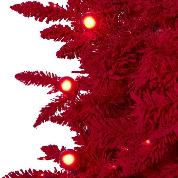 7' Red Flocked Fraser Fir Artificial Christmas Tree with 500 Red Lights