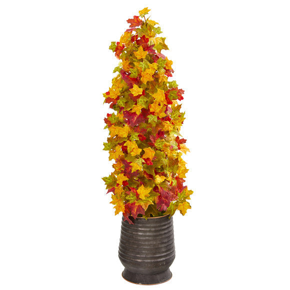 43" Autumn Maple Artificial Tree in Ribbed Metal Planter