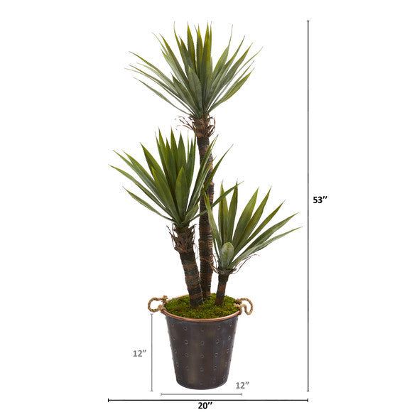 53" Yucca Artificial Tree in Decorative Metal Pail with Rope