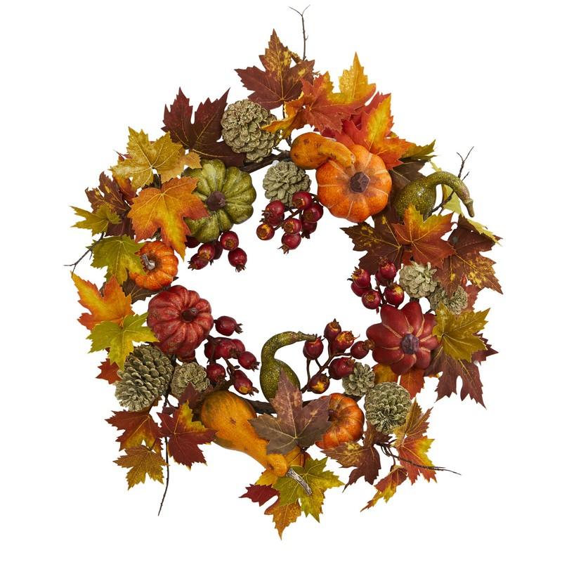 24" Pumpkin, Gourd, Berry And Maple Leaf Wreath
 4163 By Nearly Natural