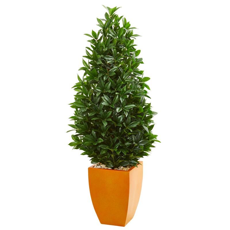 57"  Bay Leaf Artificial Topiary Tree in Orange Planter UV Resistant