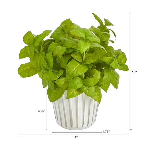 10" Basil Artificial Plant in White Planter with Silver Trimming