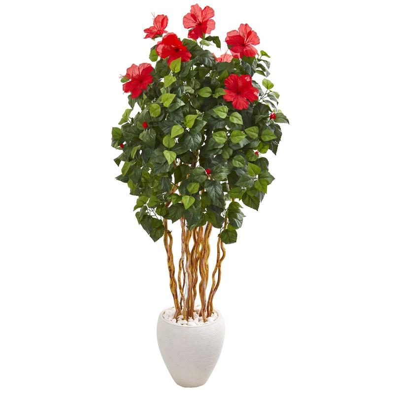 63"  Hibiscus Artificial Tree in White Planter