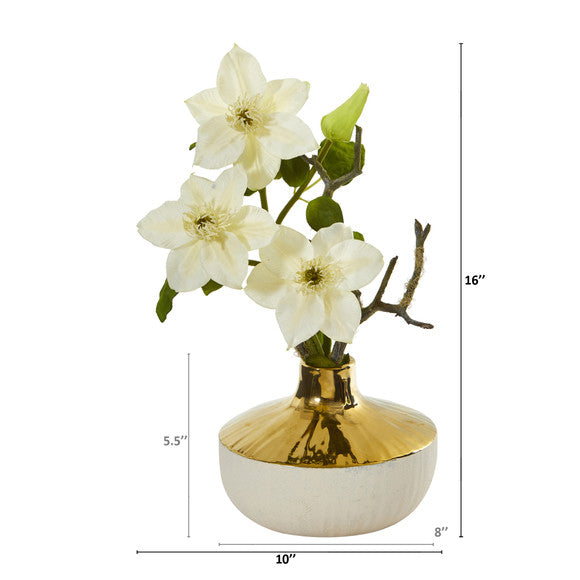 16" Anemone Artificial Arrangement in Gold and Cream Elegant Vase
