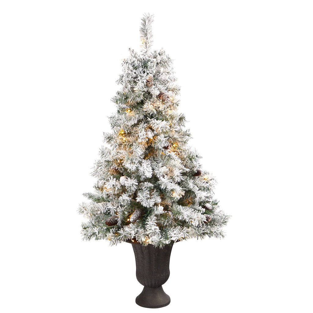 4.5' Flocked White River Mountain Pine Artificial Christmas Tree w/ Pinecones