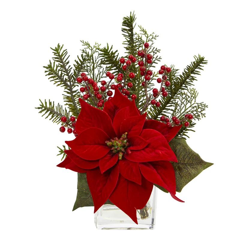 Poinsettia, Pine And Berries In Vase Artificial Arrangement By Nearly Natural