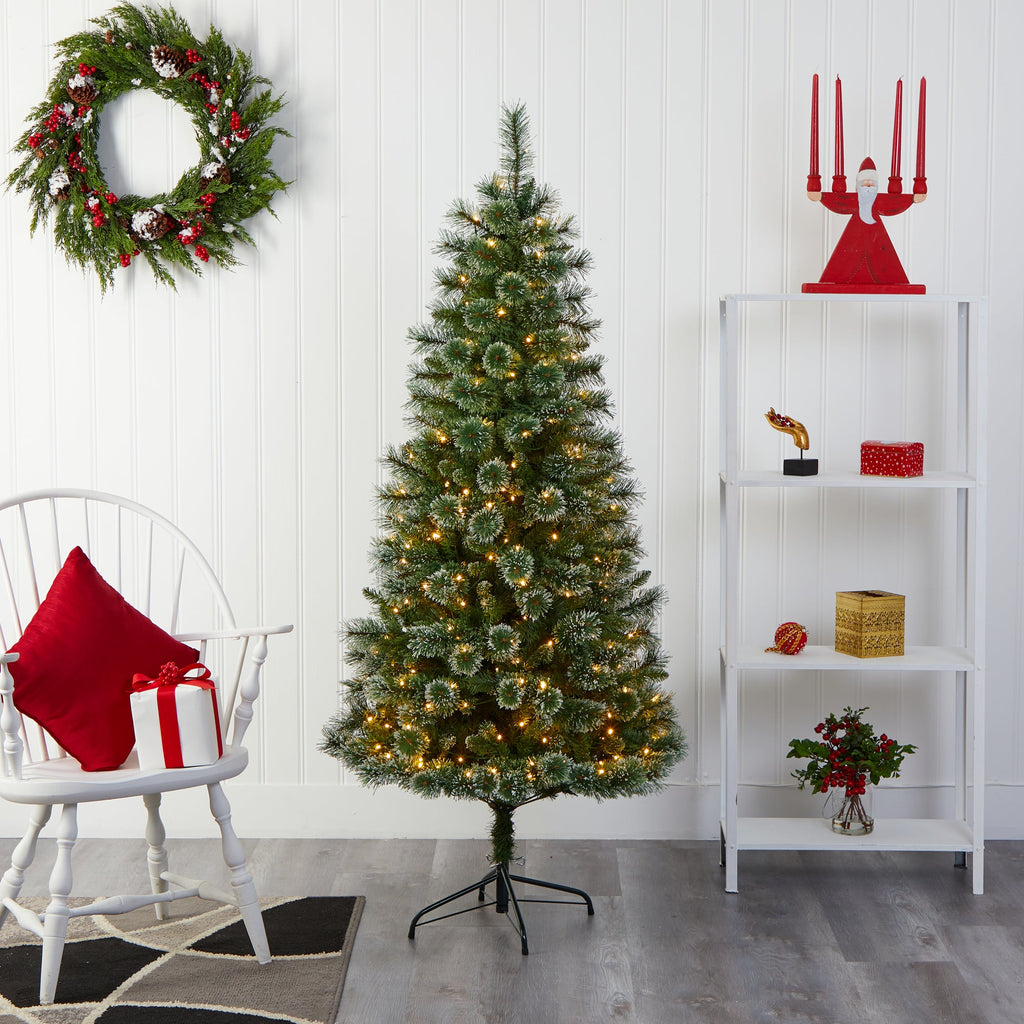 6' Wisconsin Slim Snow Tip Pine Artificial Christmas Tree w/ 300 Clear LED Light